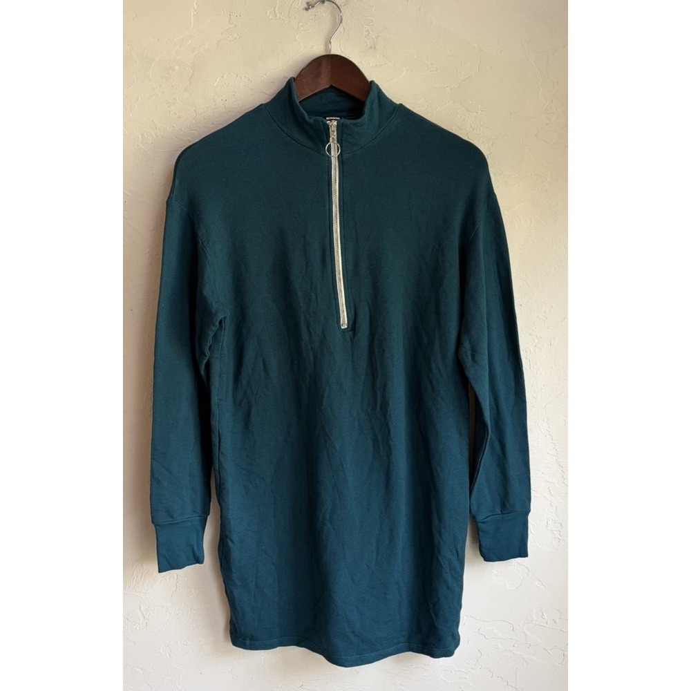 Monrow Half Zip Sweatshirt Dress S NWT Teal Blue Minimalist Quiet Luxury Casual